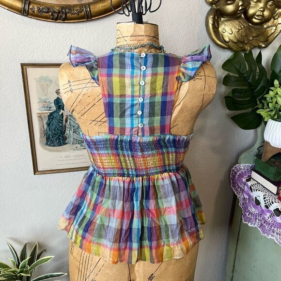 Mi Ami Colorful Plaid Preppy Peplum Smocked Ruffle Flutter Sleeve Blouse Sz XS - Picture 11 of 11
